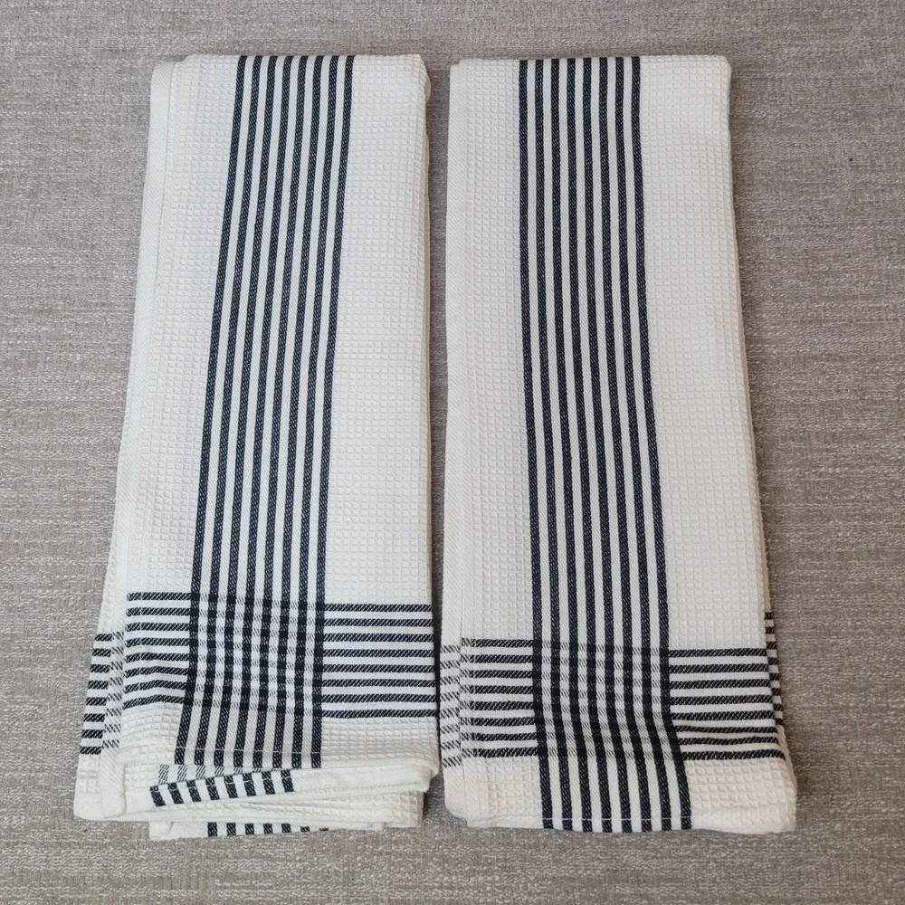 Crate & Barrel Waffle Dishtowel Black & White Stripes 100% Cotton Set of 2 - NEW